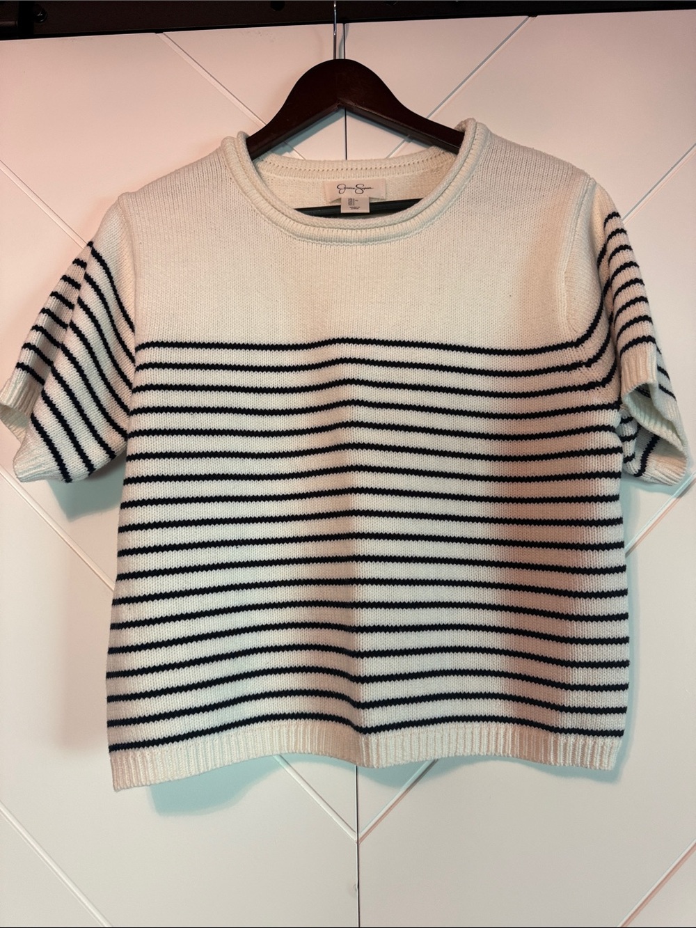 Jessica Simpson Off-white and Navy Striped Short-Sleeve Knit Sweater